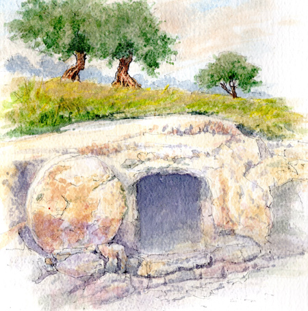 Watercolor painting of Jesus' tomb
