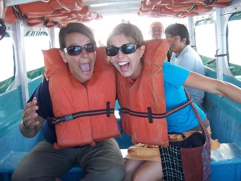 Stacy and I a little jumpy on our bumpy boat trip from San Juan to Pana Jechel the other day. We were airborn like twice. 