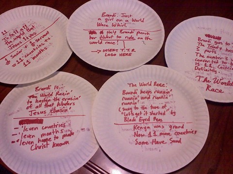 The paper plates we used to keep track of the slogans.