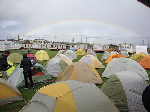 A rainbow and our tents in Galway, Ireland