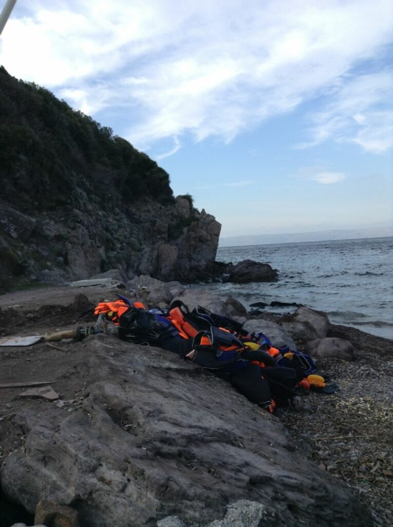 Life jackets refugees have left after arriving on the island of Lesvos.