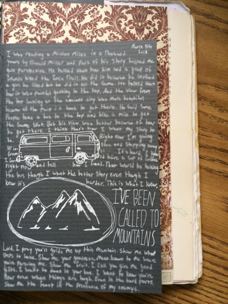 This is a page from my journal about climbing mountains over taking the bus.