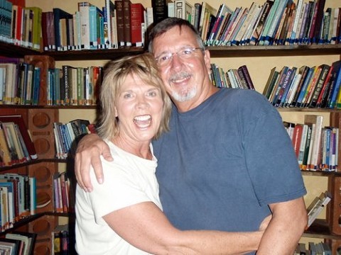 Denny  and  Phyllis in front of the library.  They wanted to see us  and  pray for us one last time before we left.