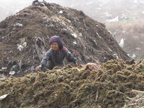 lady picking through trash at Rubbish Mountain