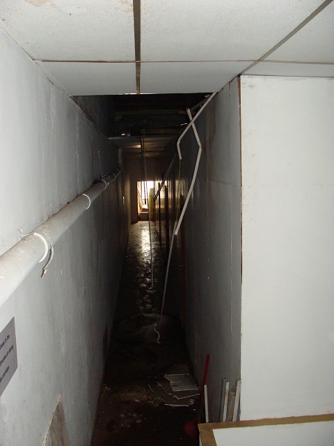 hallway floor i fell down to and ceiling i fell through.  caught up on electrical wires... not fun!