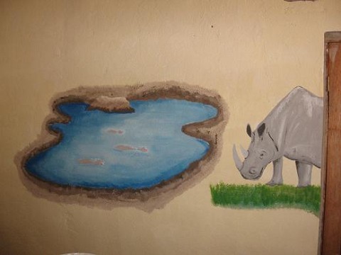 preschool walls redone, drawn by Linnea and painted by nessa girls