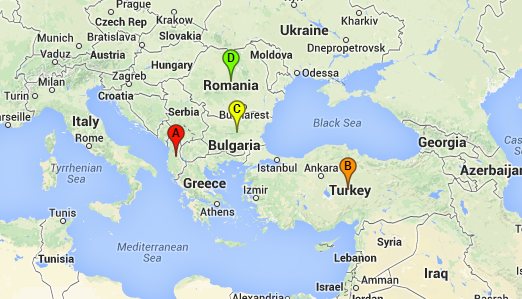Albania, Turkey, Bulgaria, and Romania