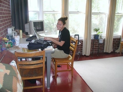 Here's Jess at the computer/crafing table in the sun room.  It's going to be a great reading, studying and creative space.