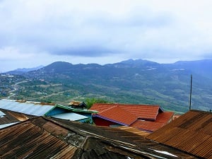 Rooftops and mountain view.