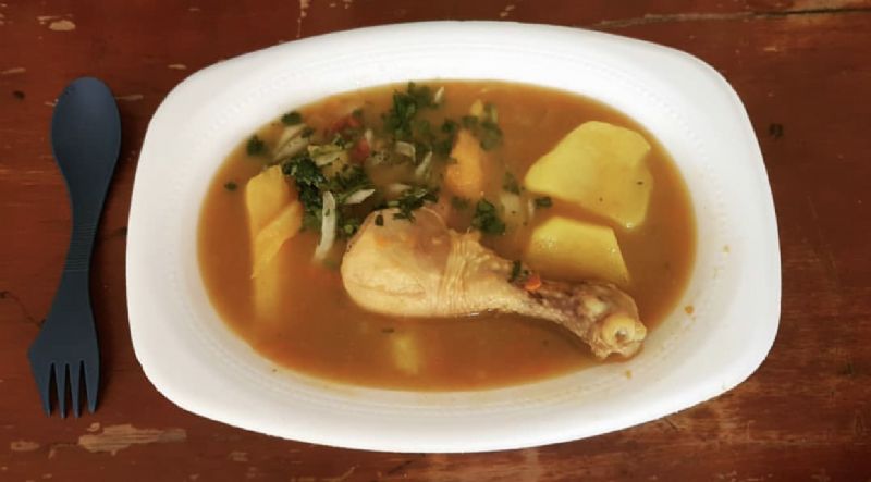 chicken, potato, yuca, cilantro, and maggie (seasoning)