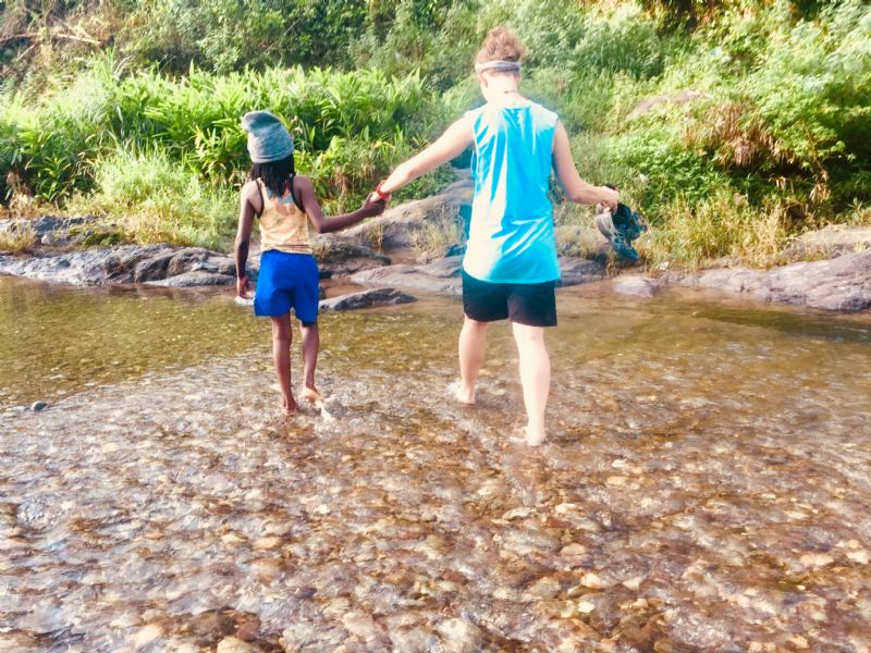 Talukee escorting Courtney across the river after our run.